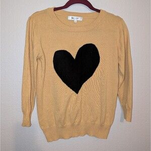 Yemak Black Heart Print Mustard Yellow Crew Neck Sweater Women's Size Large